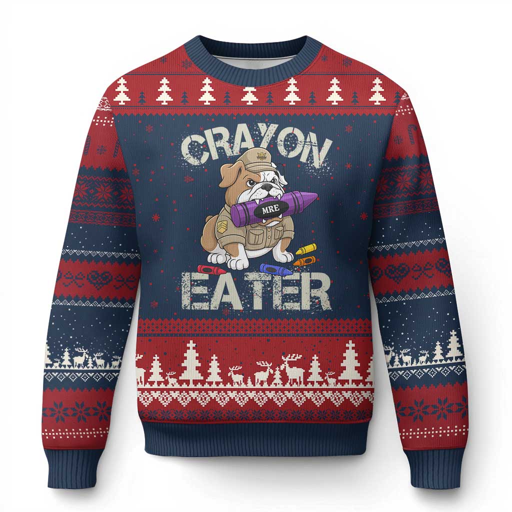 Crayon Eater Bulldog Ugly Christmas Sweater Funny Military Gift with Combat Pup and MRE Crayon - Wonder Print Shop