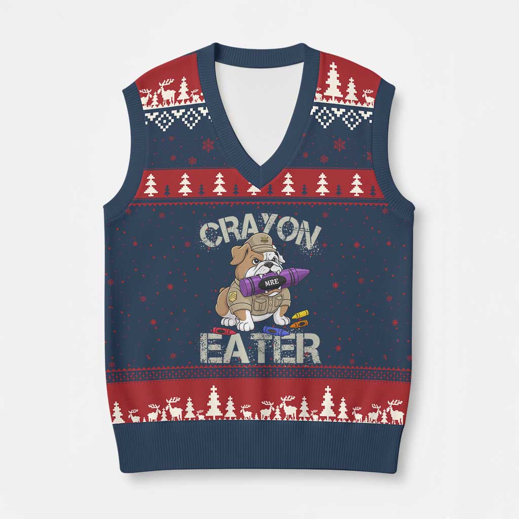 Crayon Eater Bulldog V-Neck Knit Sweater Vest Funny Military Gift with Combat Pup and MRE Crayon - Wonder Print Shop