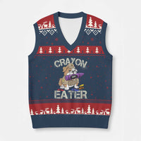 Crayon Eater Bulldog V-Neck Knit Sweater Vest Funny Military Gift with Combat Pup and MRE Crayon - Wonder Print Shop