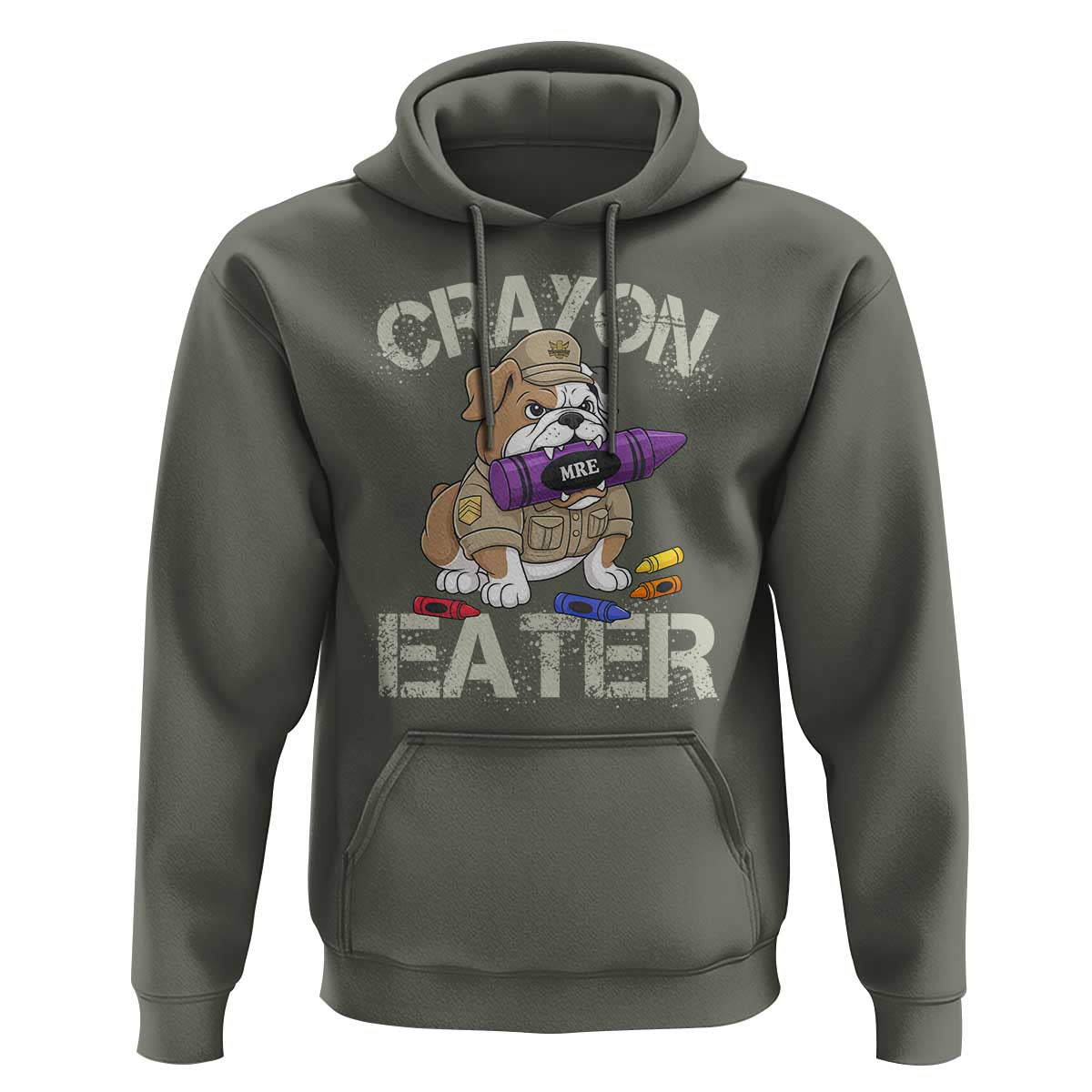 Crayon Eater Bulldog Hoodie Funny Military Gift with Combat Pup and MRE Crayon - Wonder Print Shop