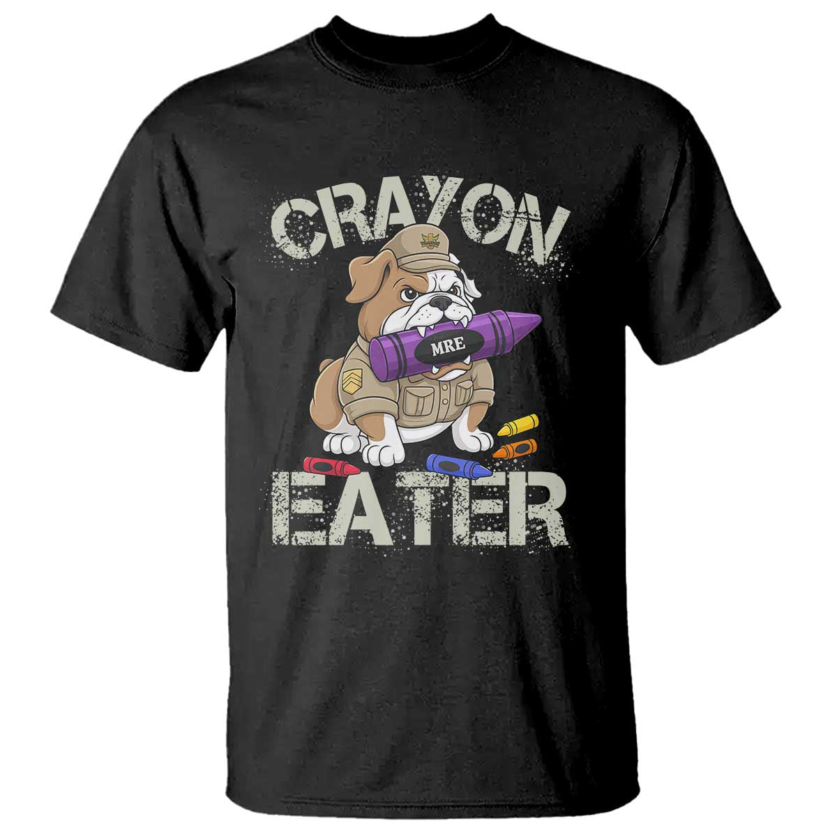 Crayon Eater Bulldog T Shirt Funny Military Gift with Combat Pup and MRE Crayon - Wonder Print Shop