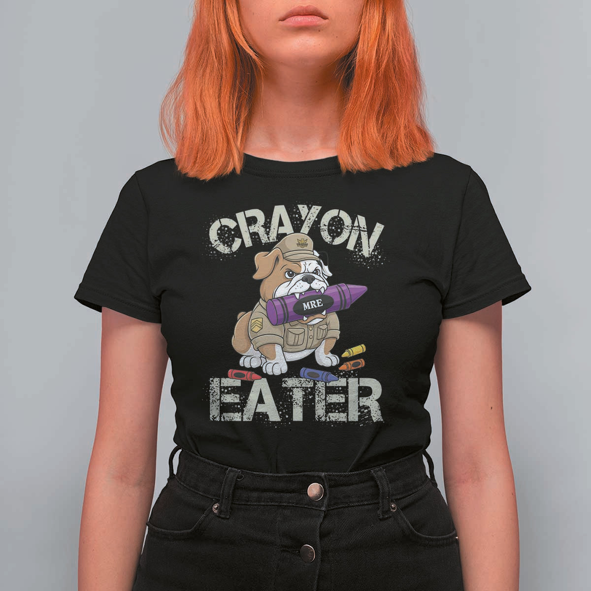 Crayon Eater Bulldog T Shirt For Women Funny Military Gift with Combat Pup and MRE Crayon - Wonder Print Shop