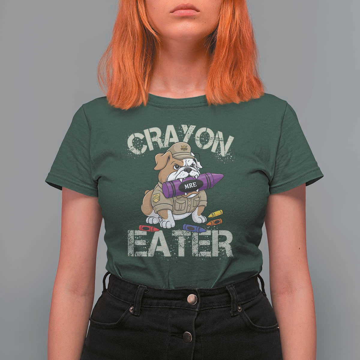 Crayon Eater Bulldog T Shirt For Women Funny Military Gift with Combat Pup and MRE Crayon - Wonder Print Shop