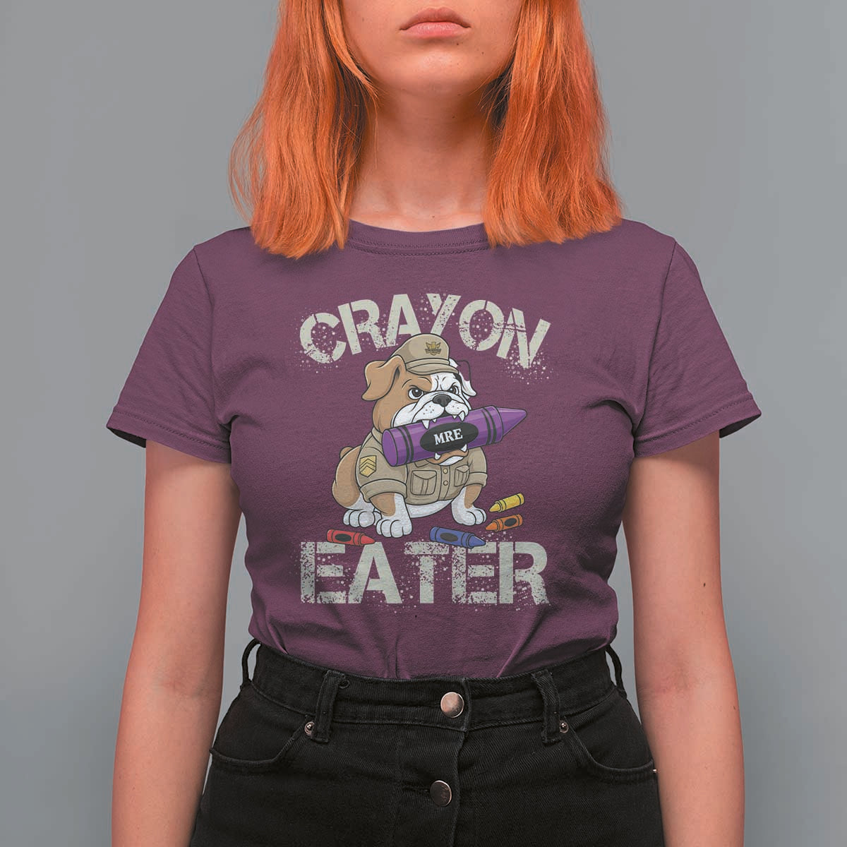 Crayon Eater Bulldog T Shirt For Women Funny Military Gift with Combat Pup and MRE Crayon - Wonder Print Shop