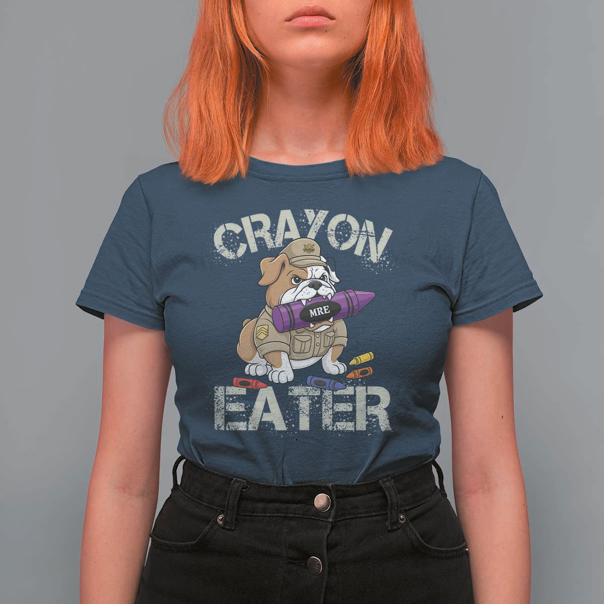 Crayon Eater Bulldog T Shirt For Women Funny Military Gift with Combat Pup and MRE Crayon - Wonder Print Shop