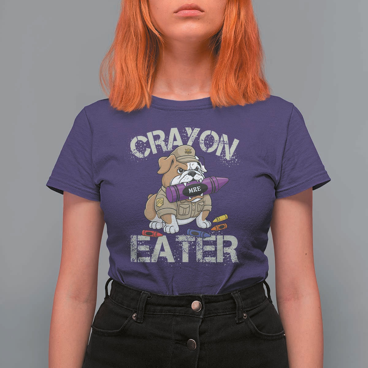 Crayon Eater Bulldog T Shirt For Women Funny Military Gift with Combat Pup and MRE Crayon - Wonder Print Shop