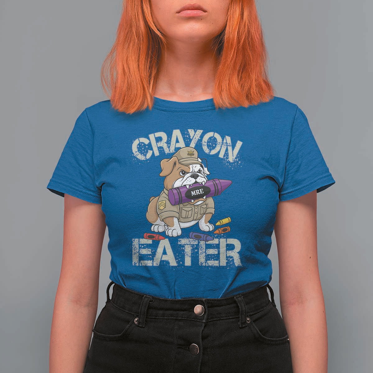Crayon Eater Bulldog T Shirt For Women Funny Military Gift with Combat Pup and MRE Crayon - Wonder Print Shop