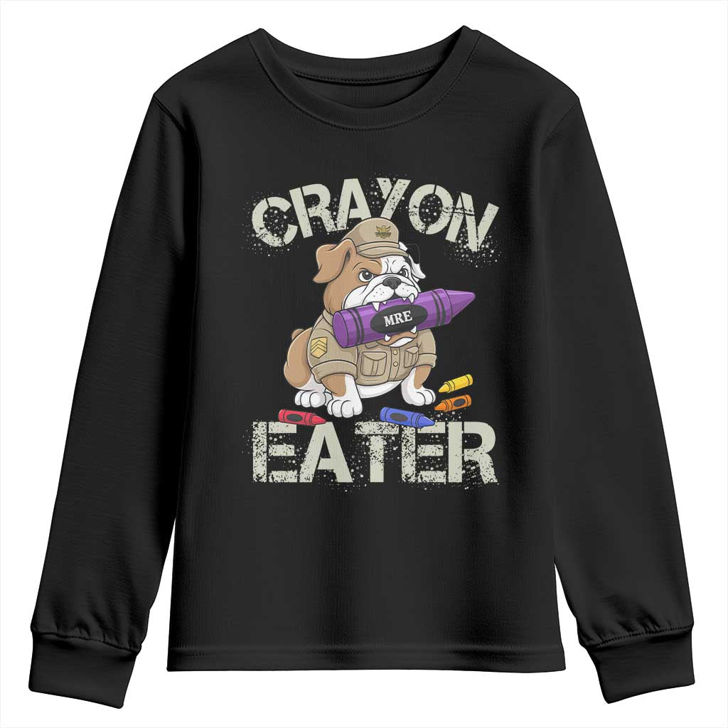 Crayon Eater Bulldog Youth Sweatshirt Funny Military Gift with Combat Pup and MRE Crayon - Wonder Print Shop