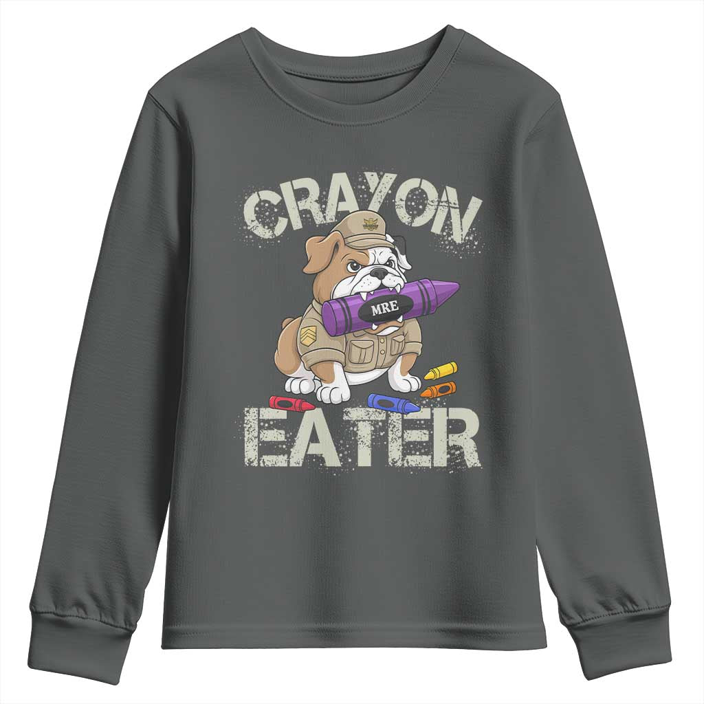 Crayon Eater Bulldog Youth Sweatshirt Funny Military Gift with Combat Pup and MRE Crayon - Wonder Print Shop