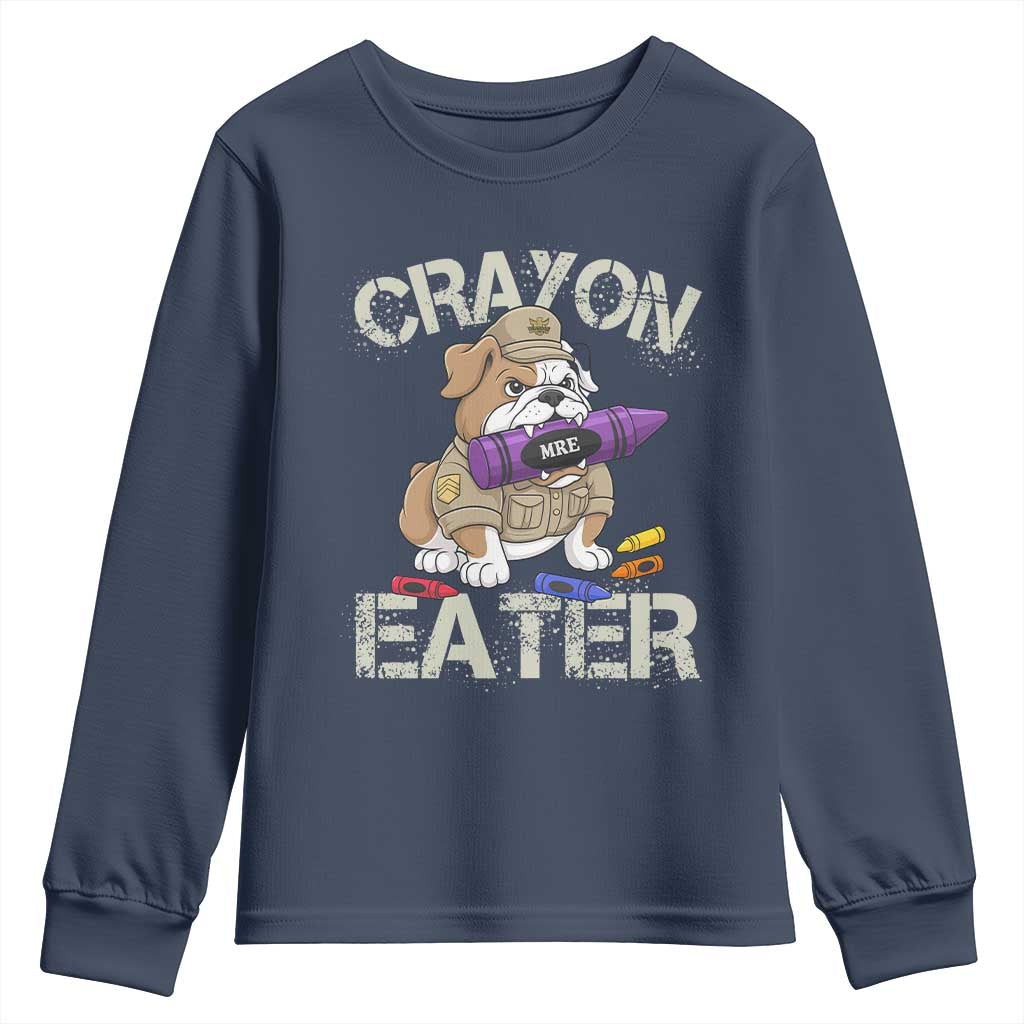 Crayon Eater Bulldog Youth Sweatshirt Funny Military Gift with Combat Pup and MRE Crayon - Wonder Print Shop