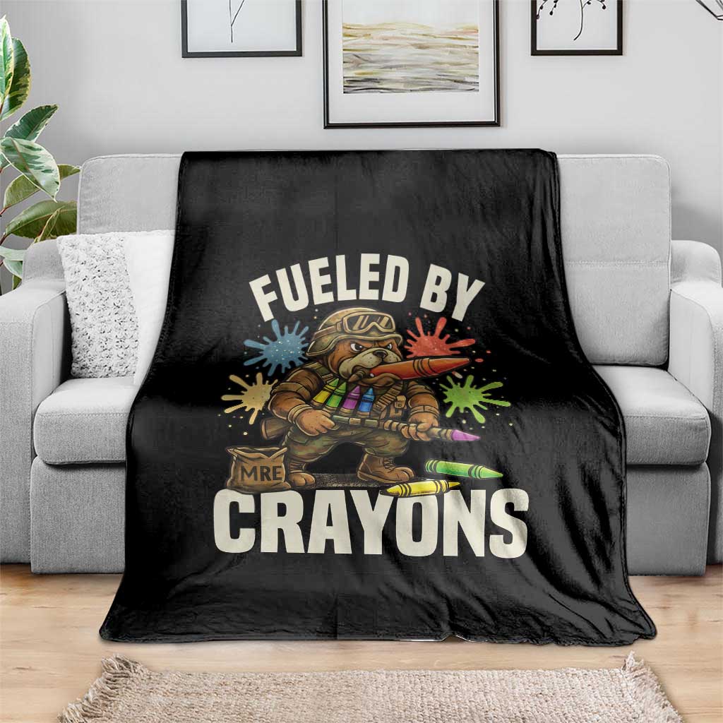 Fueled by Crayons Bulldog Soldier Throw Blanket Funny Combat Veteran Crayon Launcher - Wonder Print Shop