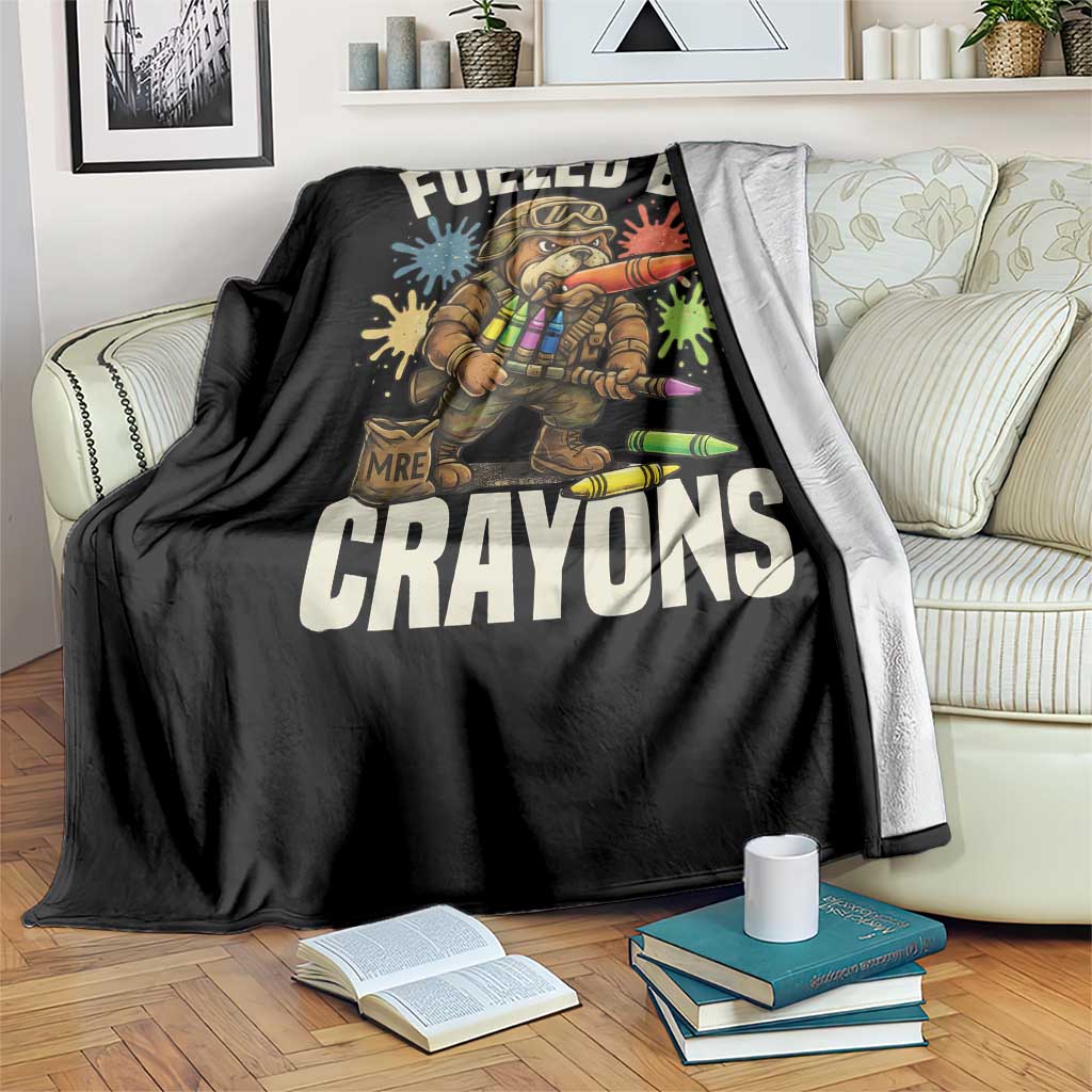 Fueled by Crayons Bulldog Soldier Throw Blanket Funny Combat Veteran Crayon Launcher - Wonder Print Shop