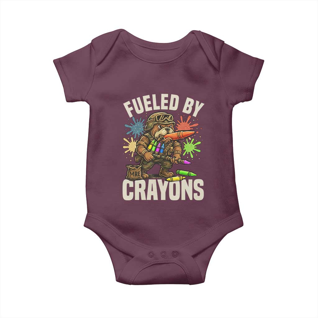 Fueled by Crayons Bulldog Soldier Baby Onesie Funny Combat Veteran Crayon Launcher - Wonder Print Shop