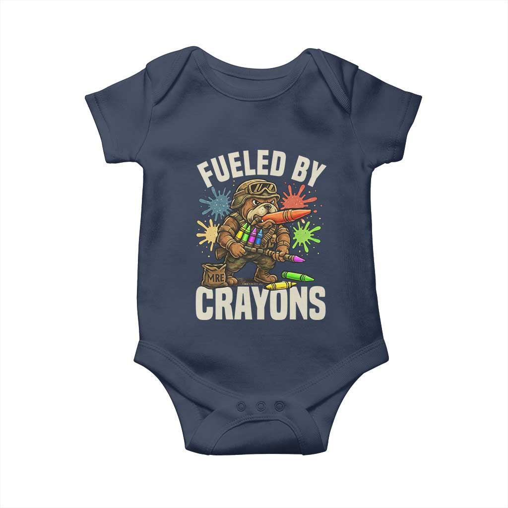 Fueled by Crayons Bulldog Soldier Baby Onesie Funny Combat Veteran Crayon Launcher - Wonder Print Shop
