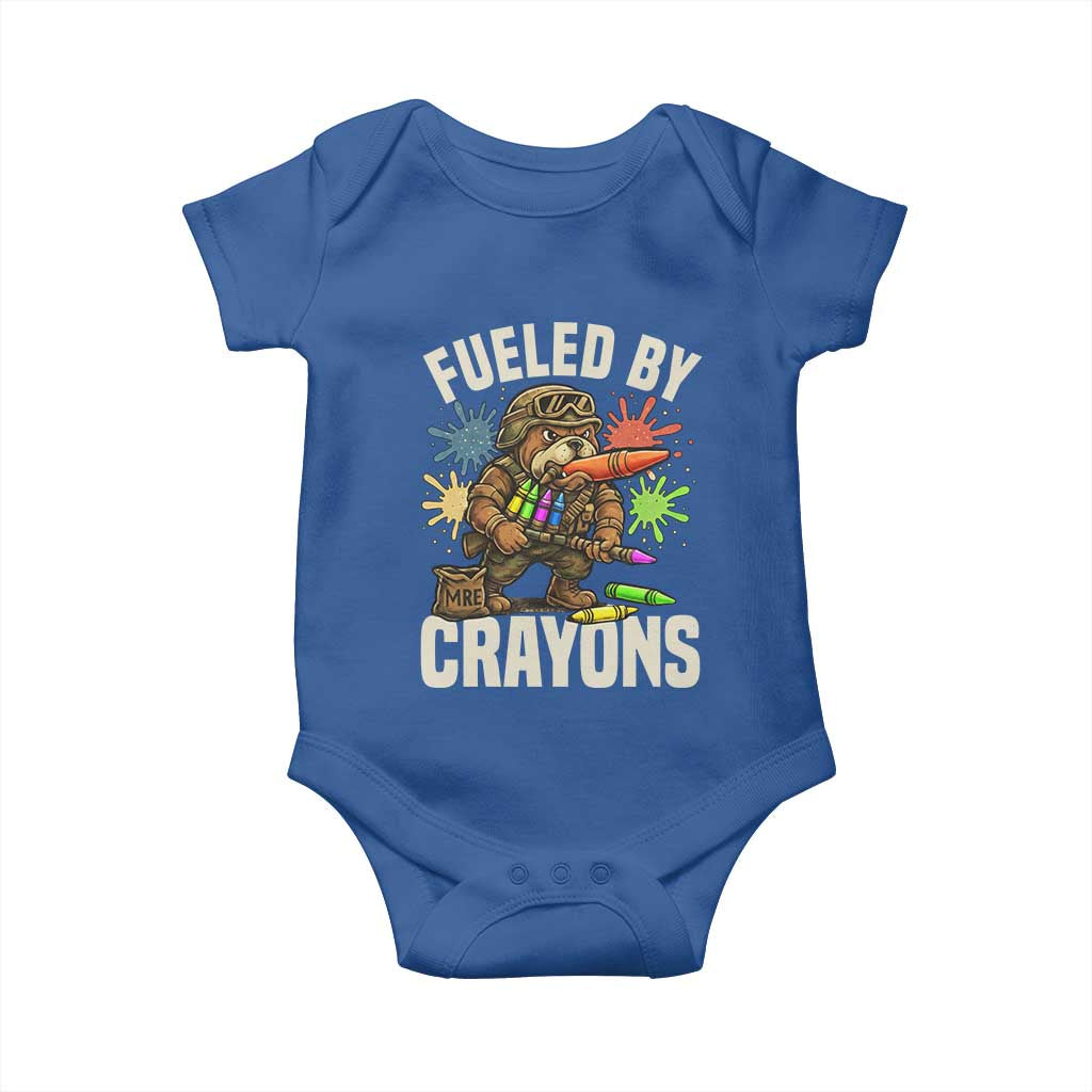 Fueled by Crayons Bulldog Soldier Baby Onesie Funny Combat Veteran Crayon Launcher - Wonder Print Shop