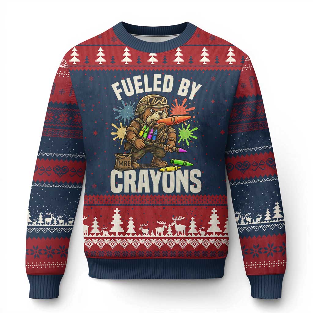 Fueled by Crayons Bulldog Soldier Ugly Christmas Sweater Funny Combat Veteran Crayon Launcher - Wonder Print Shop