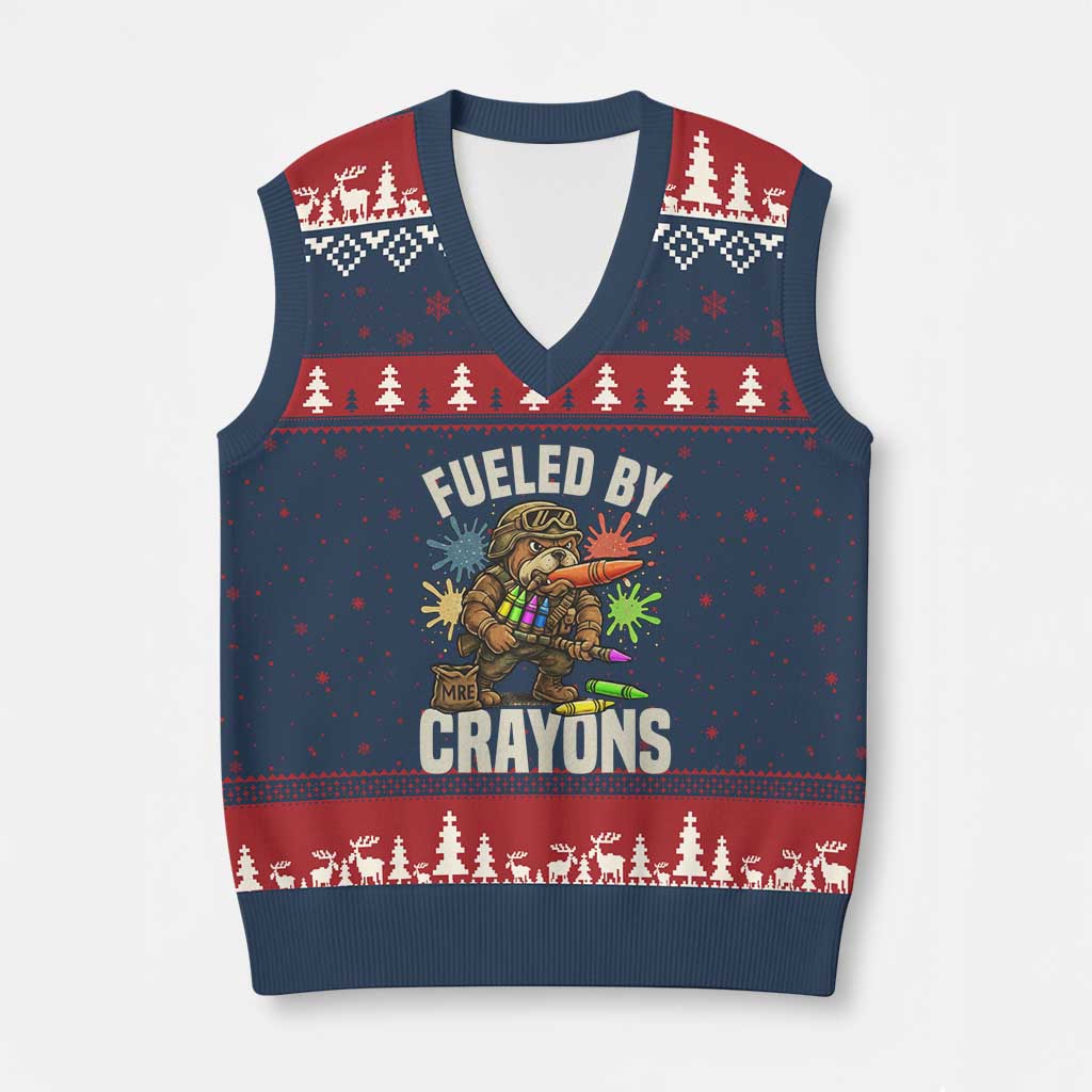 Fueled by Crayons Bulldog Soldier V-Neck Knit Sweater Vest Funny Combat Veteran Crayon Launcher - Wonder Print Shop