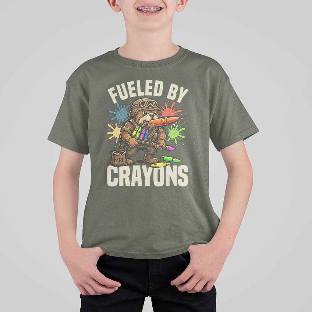 Fueled by Crayons Bulldog Soldier T Shirt For Kid Funny Combat Veteran Crayon Launcher - Wonder Print Shop