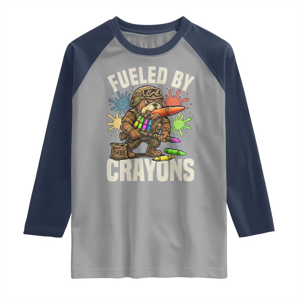 Fueled by Crayons Bulldog Soldier Raglan Shirt Funny Combat Veteran Crayon Launcher - Wonder Print Shop
