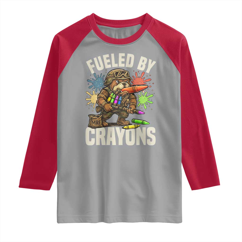 Fueled by Crayons Bulldog Soldier Raglan Shirt Funny Combat Veteran Crayon Launcher - Wonder Print Shop