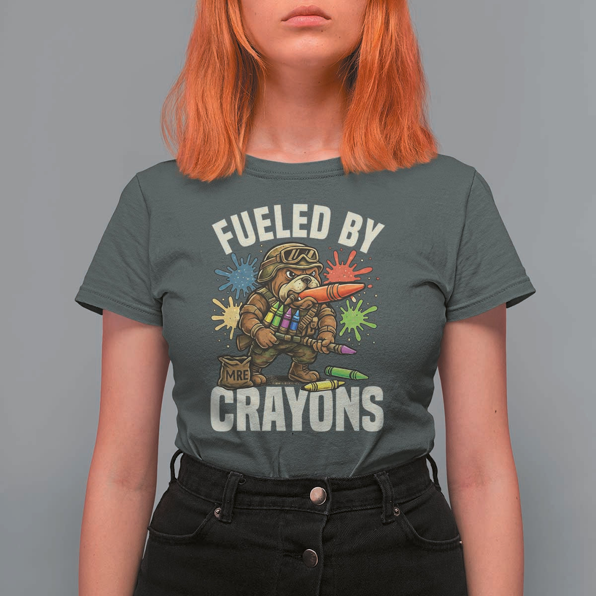 Fueled by Crayons Bulldog Soldier T Shirt For Women Funny Combat Veteran Crayon Launcher - Wonder Print Shop