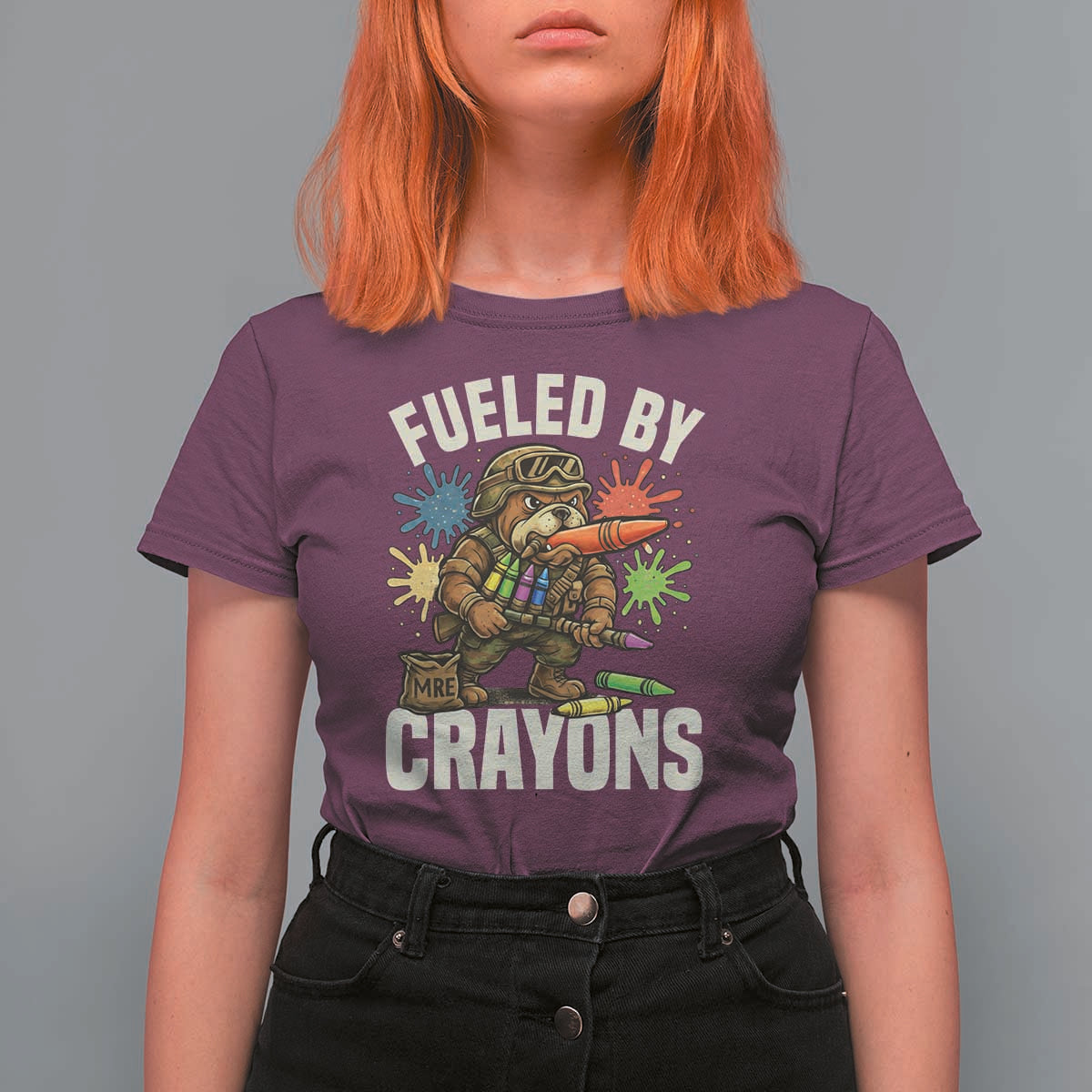 Fueled by Crayons Bulldog Soldier T Shirt For Women Funny Combat Veteran Crayon Launcher - Wonder Print Shop