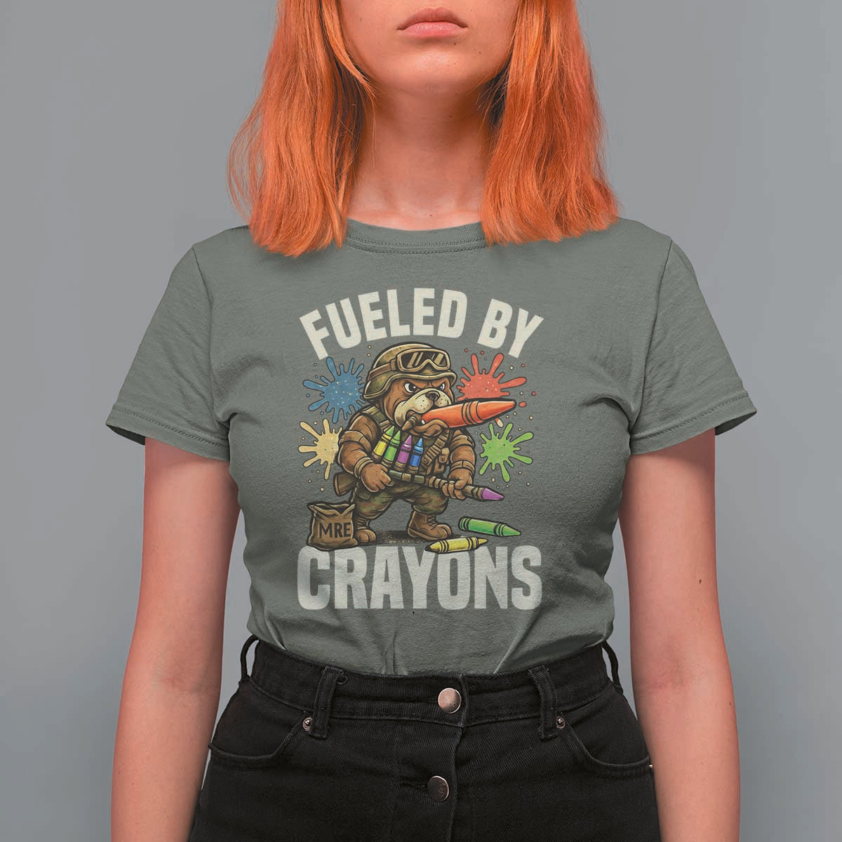 Fueled by Crayons Bulldog Soldier T Shirt For Women Funny Combat Veteran Crayon Launcher - Wonder Print Shop
