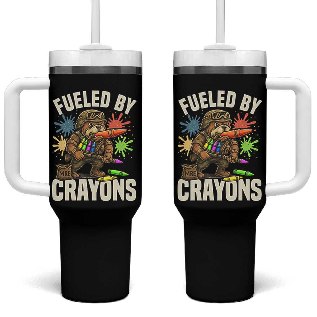Fueled by Crayons Bulldog Soldier Tumbler With Handle Funny Combat Veteran Crayon Launcher - Wonder Print Shop