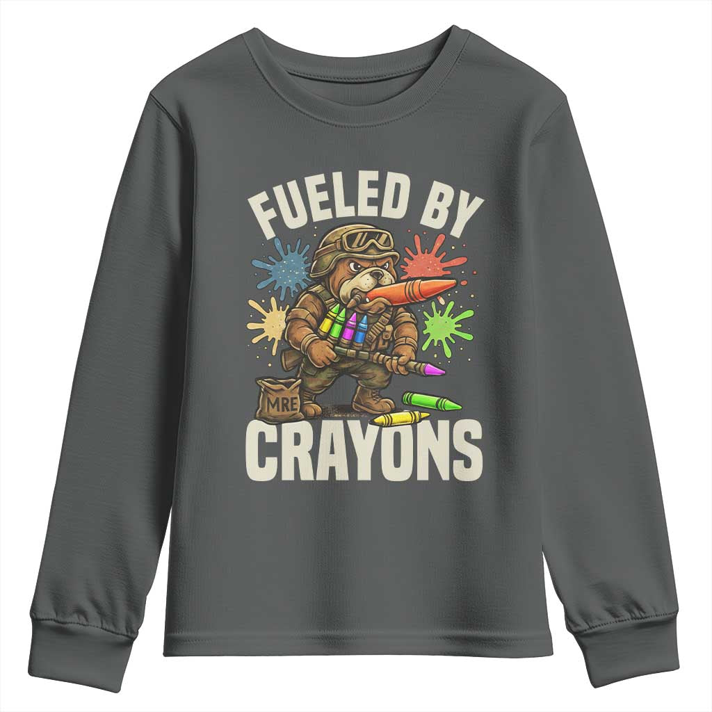 Fueled by Crayons Bulldog Soldier Youth Sweatshirt Funny Combat Veteran Crayon Launcher - Wonder Print Shop