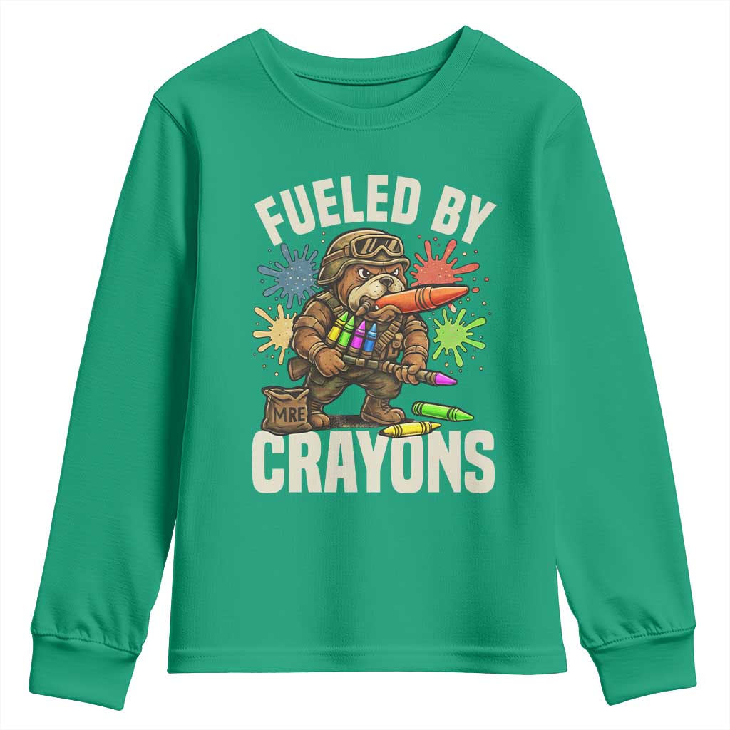 Fueled by Crayons Bulldog Soldier Youth Sweatshirt Funny Combat Veteran Crayon Launcher - Wonder Print Shop