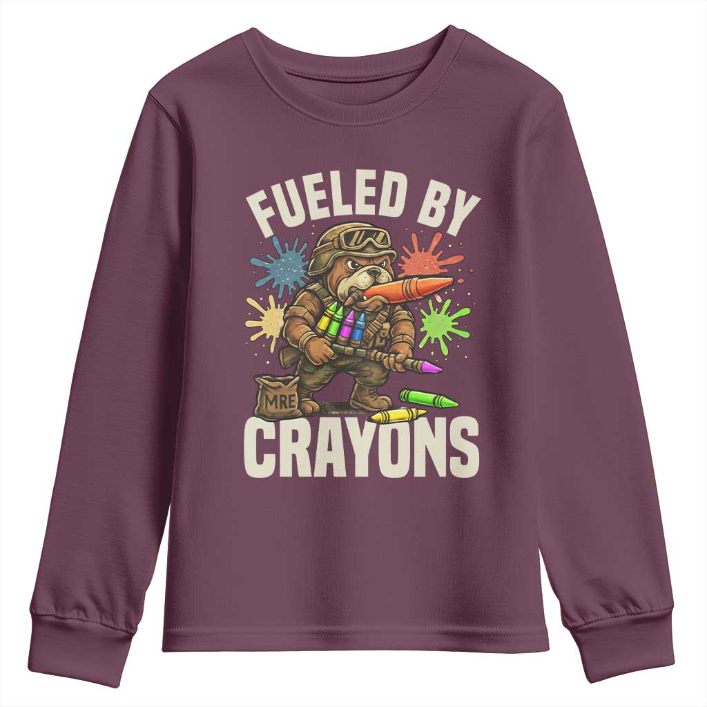Fueled by Crayons Bulldog Soldier Youth Sweatshirt Funny Combat Veteran Crayon Launcher - Wonder Print Shop