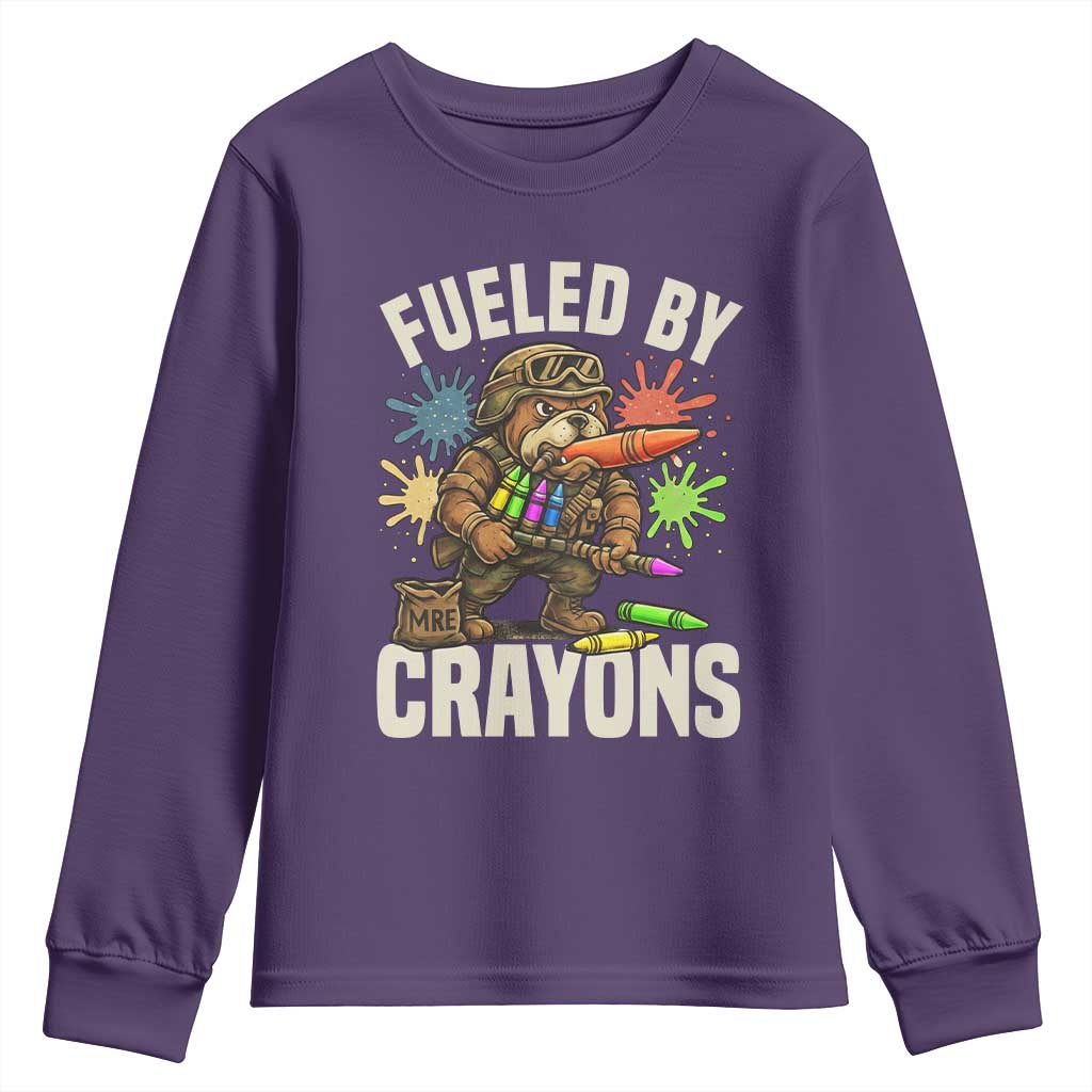 Fueled by Crayons Bulldog Soldier Youth Sweatshirt Funny Combat Veteran Crayon Launcher - Wonder Print Shop