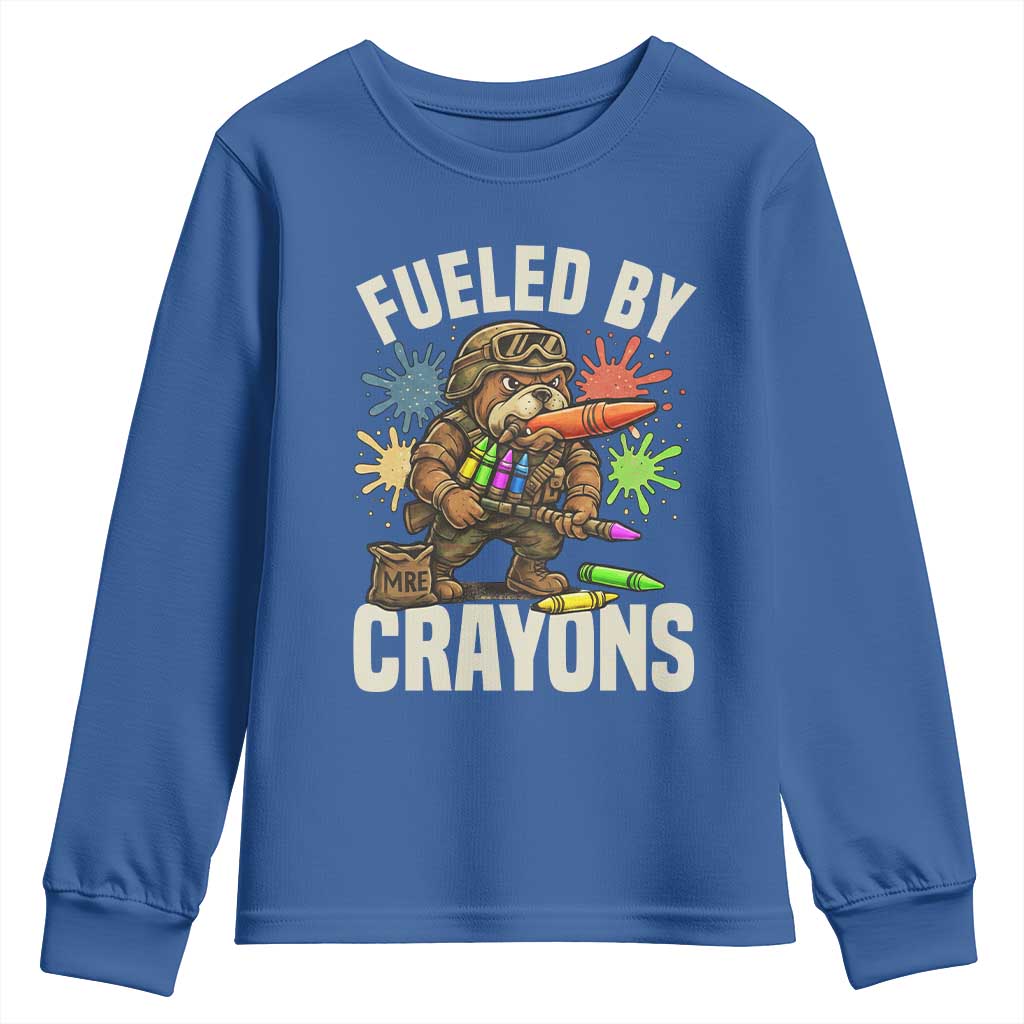 Fueled by Crayons Bulldog Soldier Youth Sweatshirt Funny Combat Veteran Crayon Launcher - Wonder Print Shop