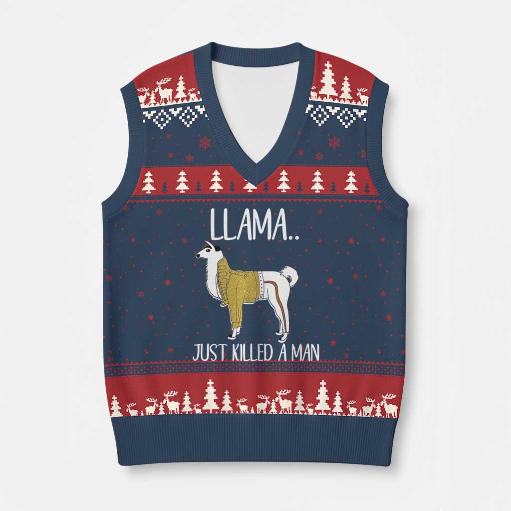 Funny Llama Just Killed a Man V-Neck Knit Sweater Vest Animal Pun Internet Meme - Wonder Print Shop