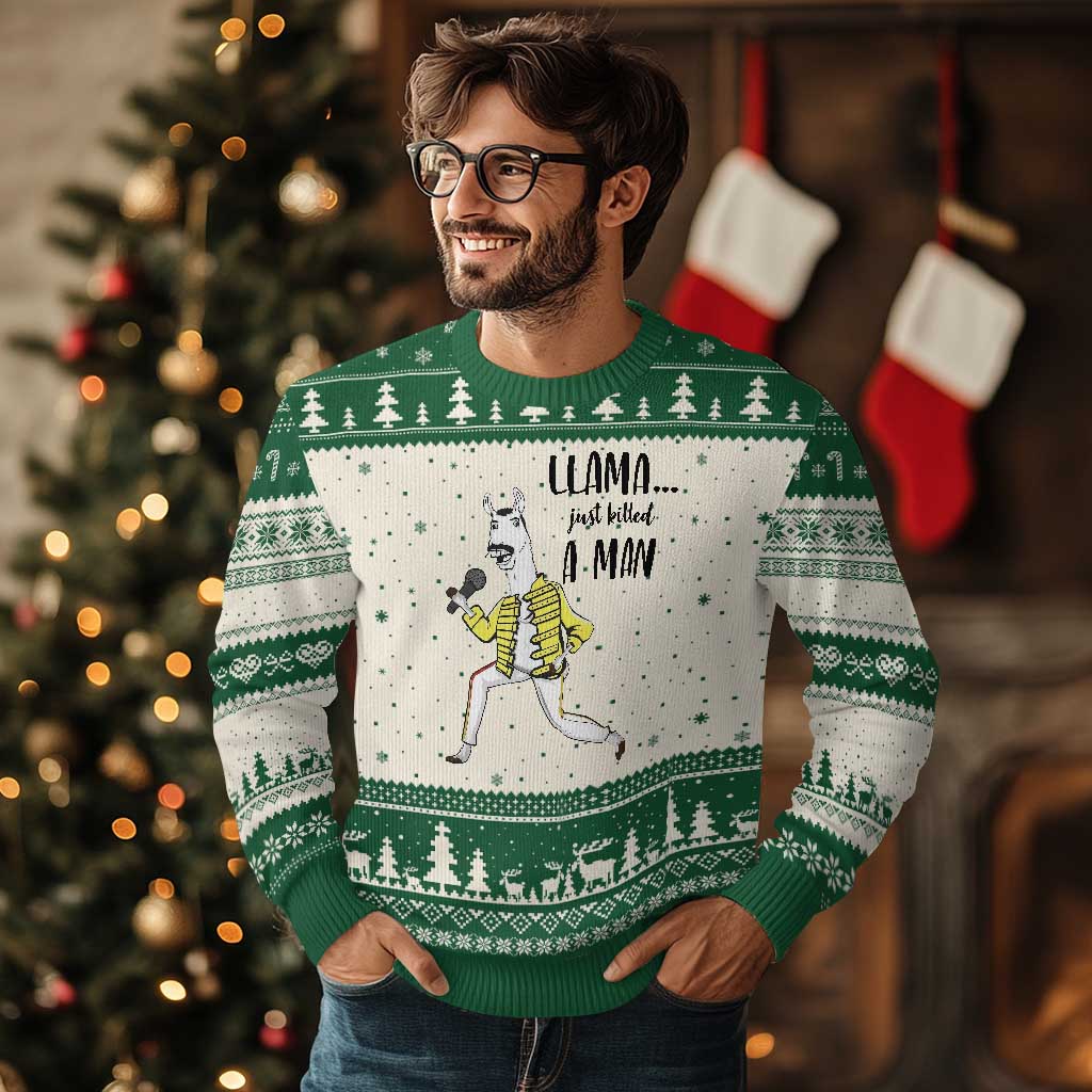 Funny Llama Just Killed a Man Ugly Christmas Sweater Singing Animal Pun Internet Meme - Wonder Print Shop
