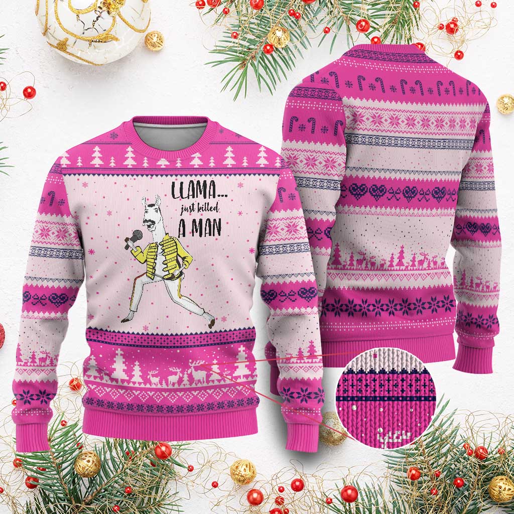 Funny Llama Just Killed a Man Ugly Christmas Sweater Singing Animal Pun Internet Meme - Wonder Print Shop