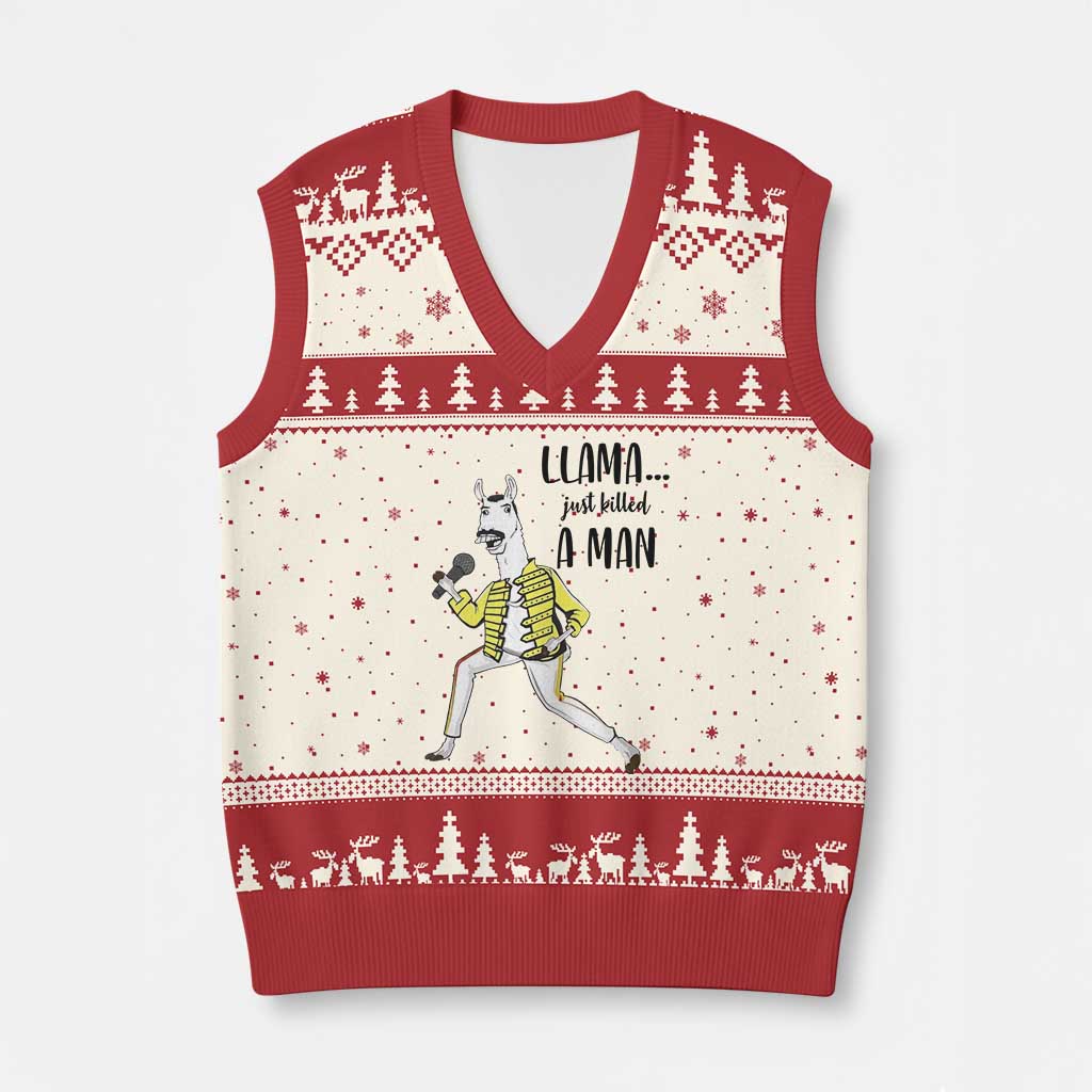 Funny Llama Just Killed a Man V-Neck Knit Sweater Vest Singing Animal Pun Internet Meme - Wonder Print Shop