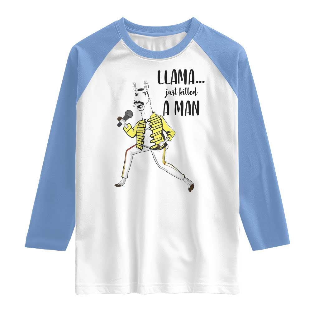 Funny Llama Just Killed a Man Raglan Shirt Singing Animal Pun Internet Meme - Wonder Print Shop