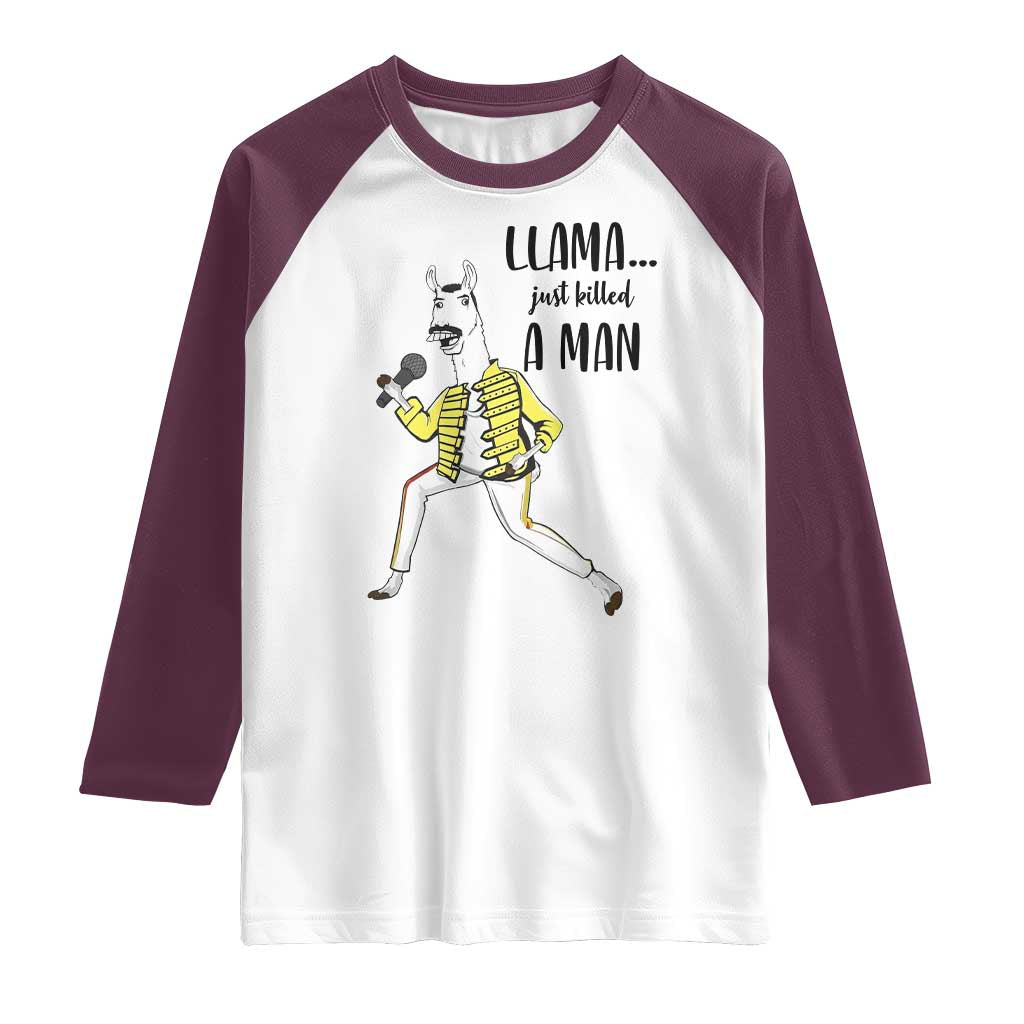 Funny Llama Just Killed a Man Raglan Shirt Singing Animal Pun Internet Meme - Wonder Print Shop
