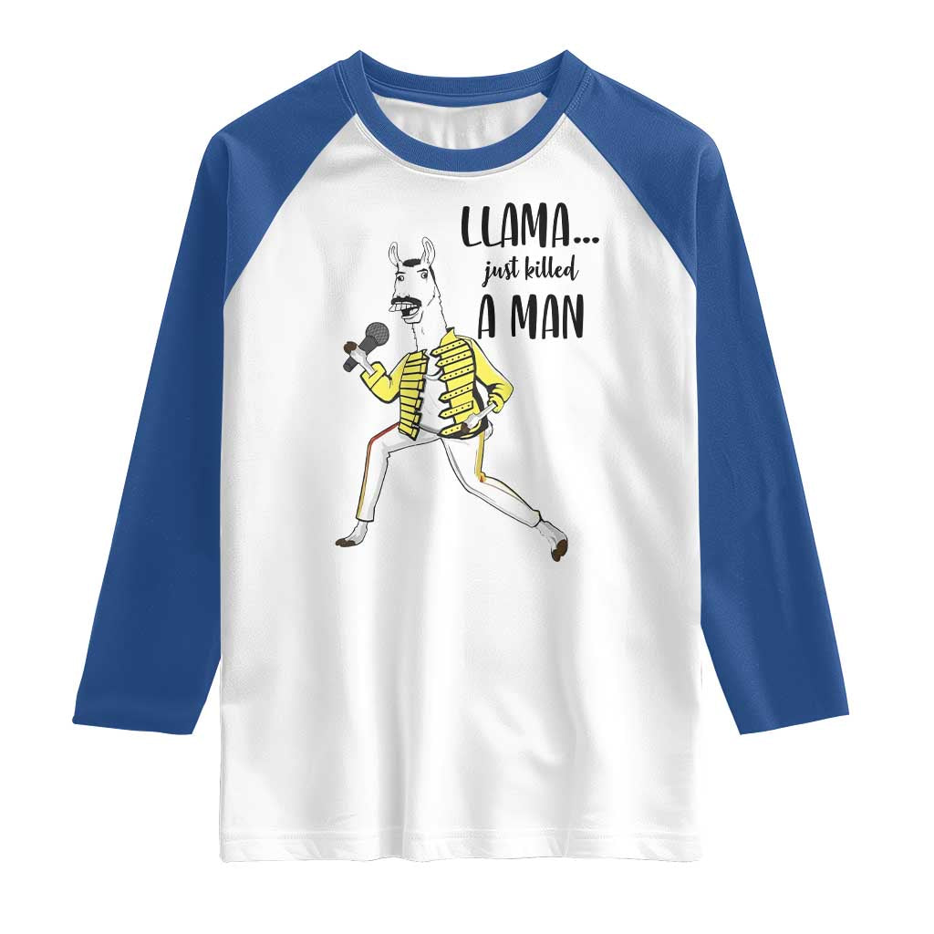 Funny Llama Just Killed a Man Raglan Shirt Singing Animal Pun Internet Meme - Wonder Print Shop