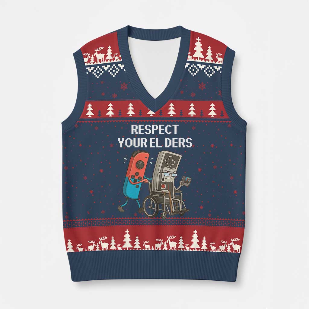 Respect Your Elders Retro Gaming Meme V-Neck Knit Sweater Vest Funny Gamer Controller 80s - Wonder Print Shop