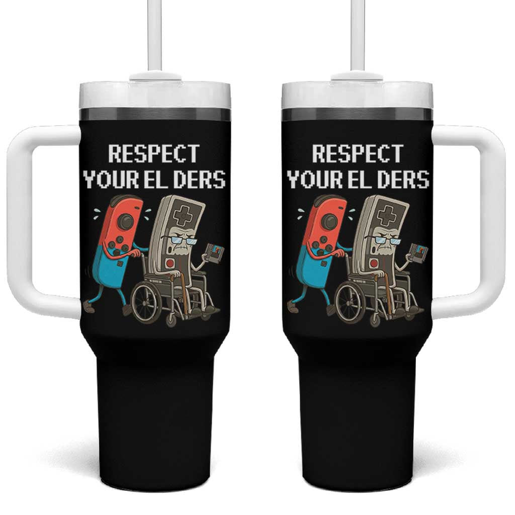 Respect Your Elders Retro Gaming Meme Tumbler With Handle Funny Gamer Controller 80s - Wonder Print Shop