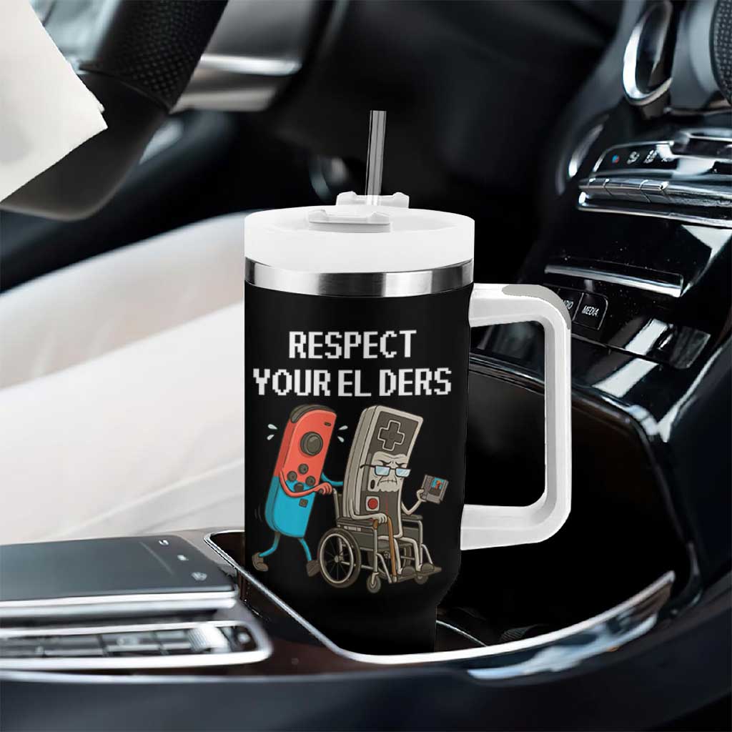 Respect Your Elders Retro Gaming Meme Tumbler With Handle Funny Gamer Controller 80s - Wonder Print Shop