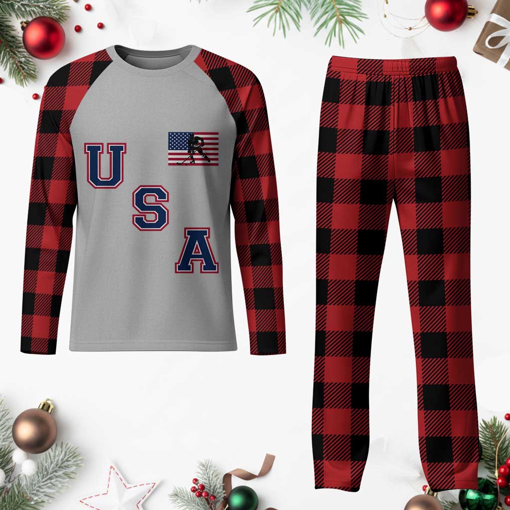 USA Flag Hockey Plaid Pajama Set Patriotic Ice Hockey Team Fan Vintage Throwback - Wonder Print Shop