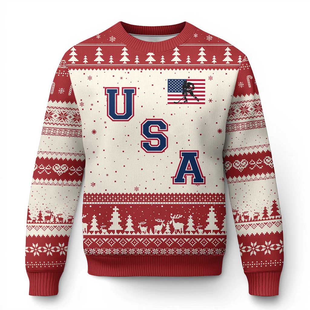 USA Flag Hockey Ugly Christmas Sweater Patriotic Ice Hockey Team Fan Vintage Throwback - Wonder Print Shop