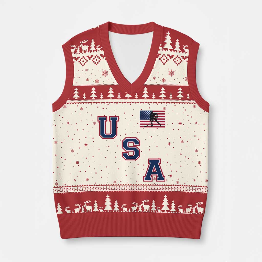 USA Flag Hockey V-Neck Knit Sweater Vest Patriotic Ice Hockey Team Fan Vintage Throwback - Wonder Print Shop