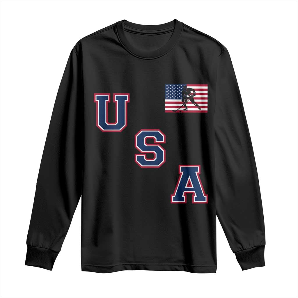 USA Flag Hockey Long Sleeve Shirt Patriotic Ice Hockey Team Fan Vintage Throwback