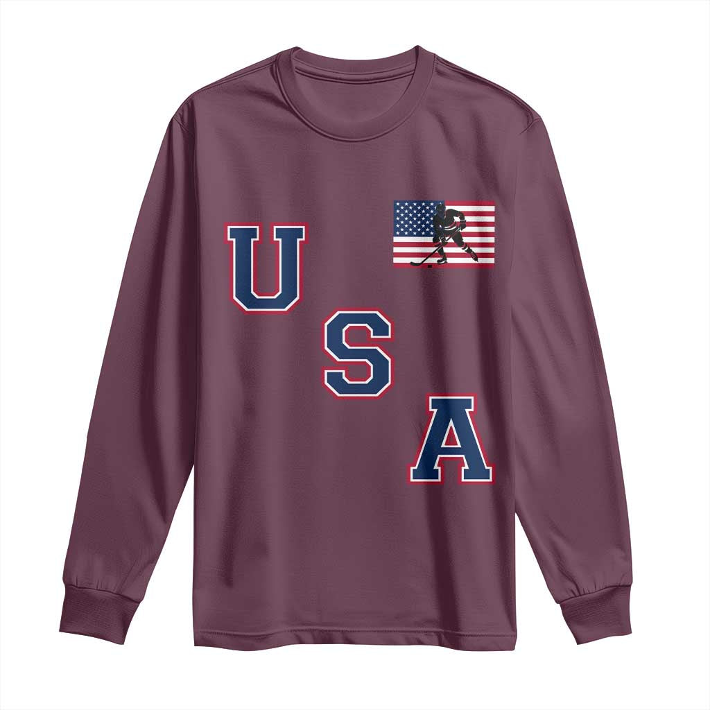 USA Flag Hockey Long Sleeve Shirt Patriotic Ice Hockey Team Fan Vintage Throwback