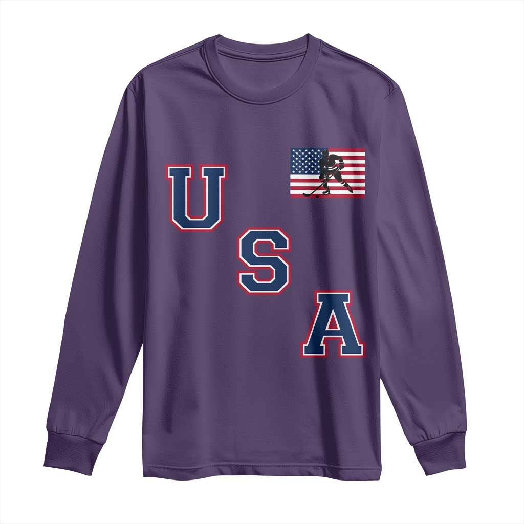 USA Flag Hockey Long Sleeve Shirt Patriotic Ice Hockey Team Fan Vintage Throwback