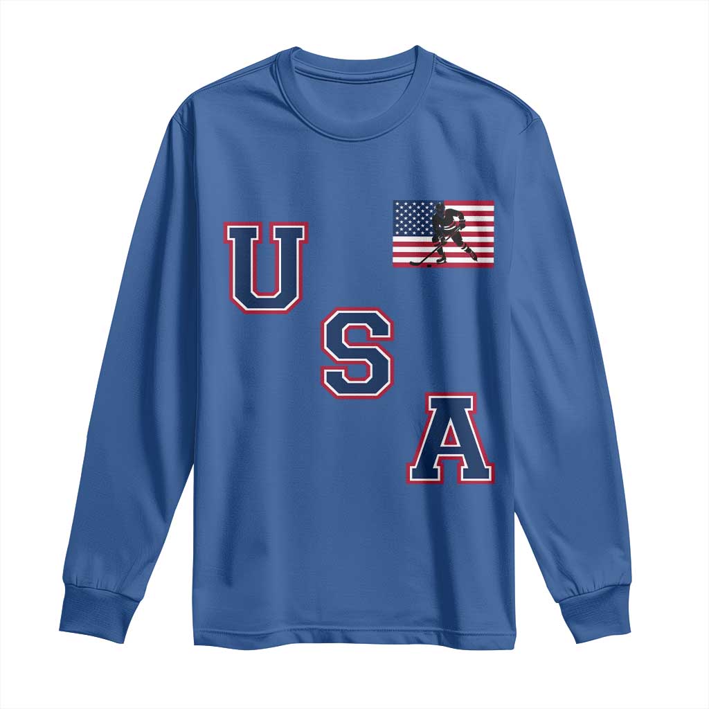 USA Flag Hockey Long Sleeve Shirt Patriotic Ice Hockey Team Fan Vintage Throwback